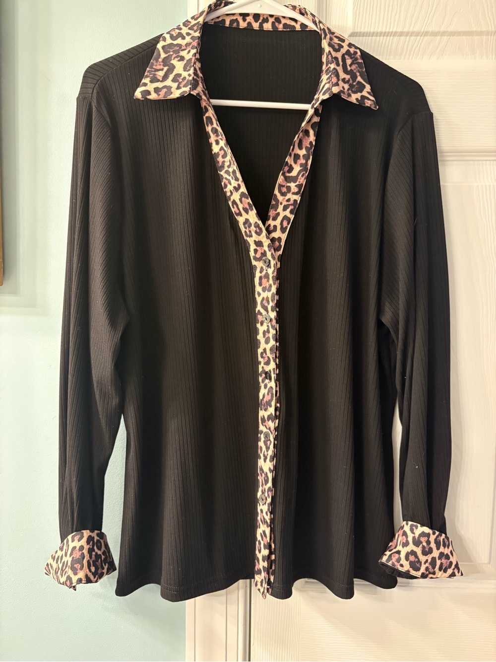 Black Long-Sleeve Top with Leopard Trimming